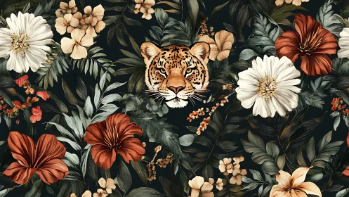 Leopard portrait within lush tropical floral foliage pattern.