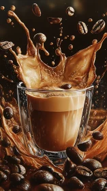 Coffee splash erupts around a rich, creamy espresso shot
