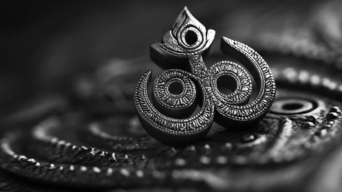 Intricate Om symbol rests in soft monochrome light