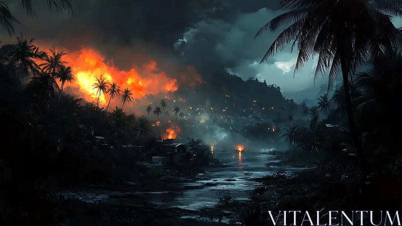 Tropical settlement during nighttime fire event with palm vegetation.