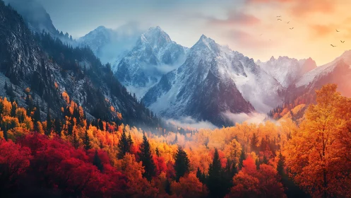 Autumn firestorm under brooding ice crowned mountain guardians.