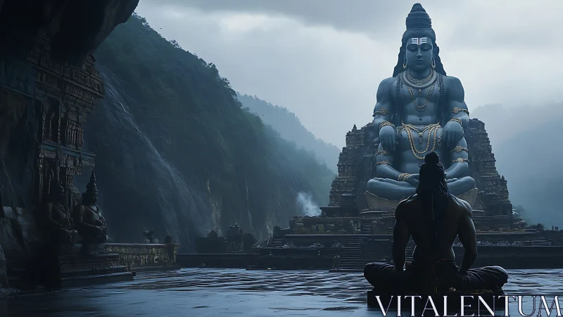 Meditating figure facing colossal blue mountain statue.