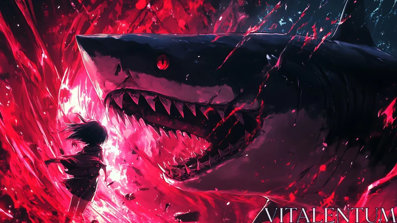 Large shark and solitary figure amid red dynamic waterfield.