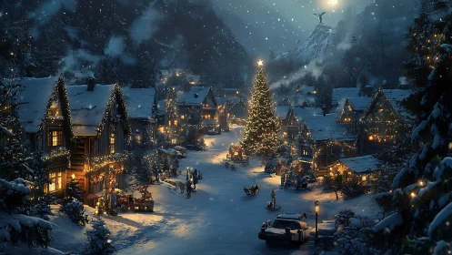 Snow-dusted village gathers as one towering tree glows bright