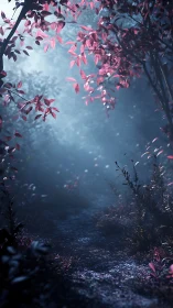 Moonlit path under rosewood leaves in a dreamlit forest.