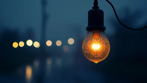 Wet glowing light bulb at night with blurred street bokeh.