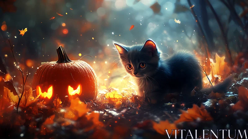 Black Kitten's Enchanted Night with Glowing Jack-O'-Lantern.