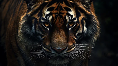 Tiger eyes burn through shadowed jungle dusk portrait.