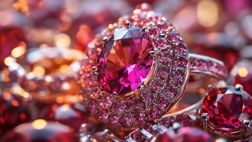 Close-up view of pink gemstone rings on reflective surface.