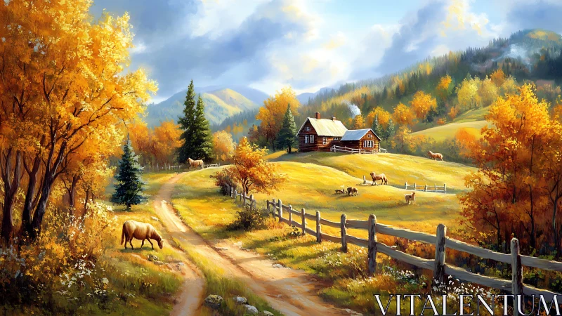 Golden autumn farmstead glows softly beneath mountain skies