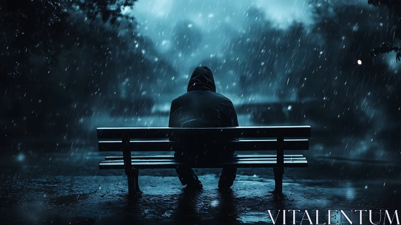 Solitary hooded figure on bench in cinematic night rain.