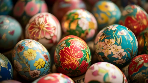 Hand-painted floral Easter eggs arranged in colorful clusters