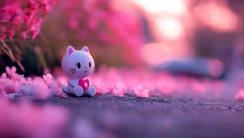 Cute Cat Character in a Vibrant Pink Floral Setting.