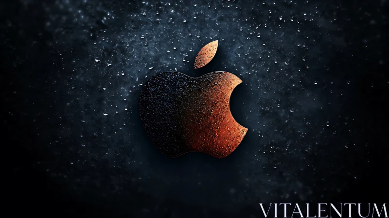 Metallic droplet-coated apple emblem in low-key illumination.
