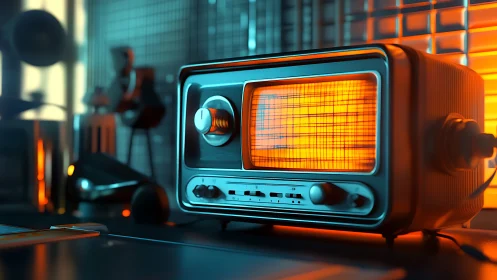 Retro radio glows in neon studio with warm orange screen.
