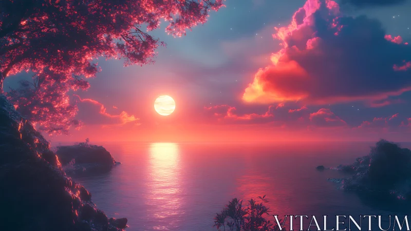 Digital seascape with luminous sun over calm water horizon.