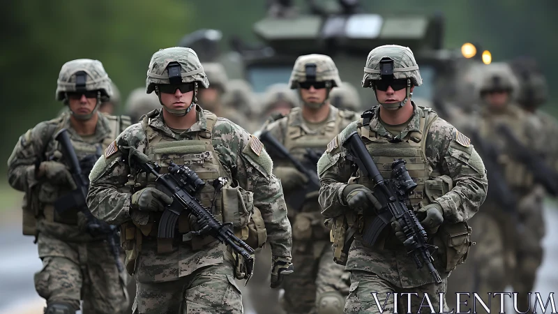 Soldiers in tactical gear advancing along a paved roadway.