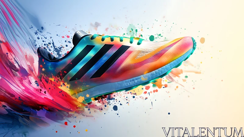 Dynamic multicolor running shoe with paint explosion effect.