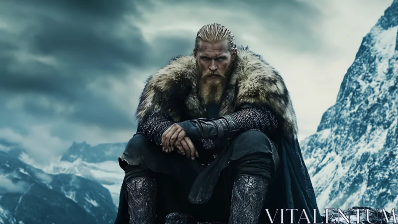 Viking warrior sits on rocky ledge in snowy mountain pass