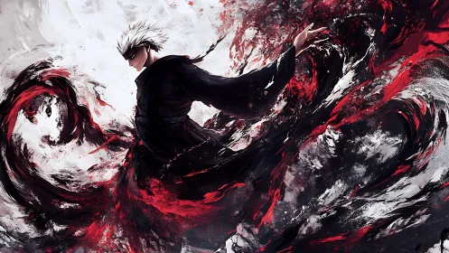 Masked warrior commands turbulent crimson energy vortex