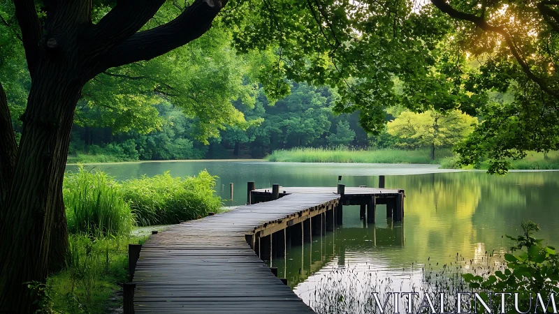 Curved wooden lake pier under lush green summer trees.