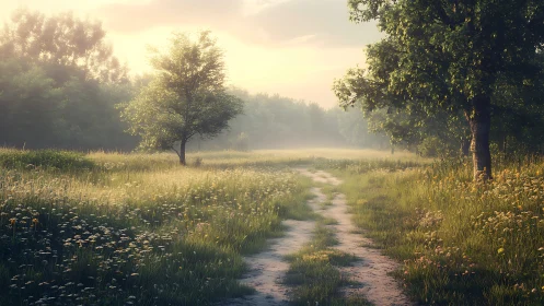 Golden country path winds through misty wildflower meadow.