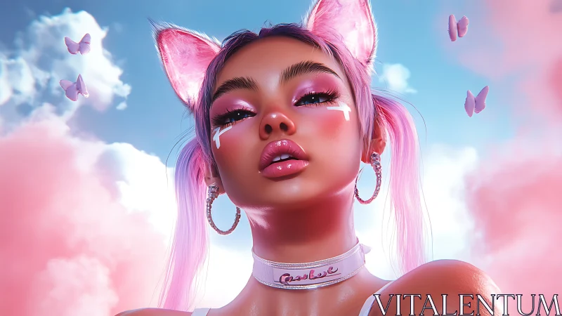 Neon catgirl fashion icon gazes up in pastel dream sky