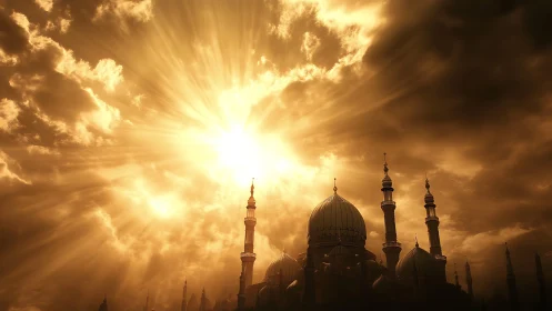 Mosque silhouette under intense golden backlit sky.