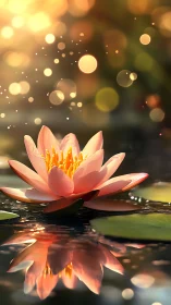 Serene pink water lily reflected on calm pond surface.