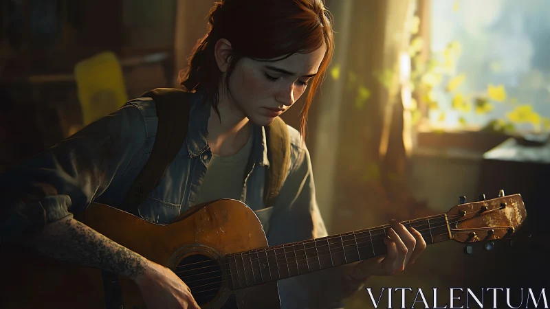 Young guitarist reflects quietly in warm afternoon light.