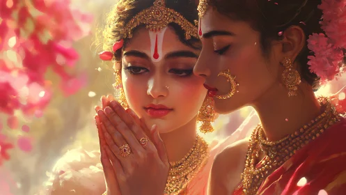 Two women in ornate traditional dress in soft focus portrait.