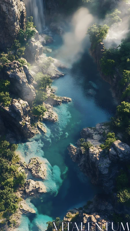 Rocky canyon river with turquoise pools and soft mist.