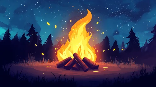 Nocturnal Campfire with Stellar Backdrop and Coniferous Silhouettes.