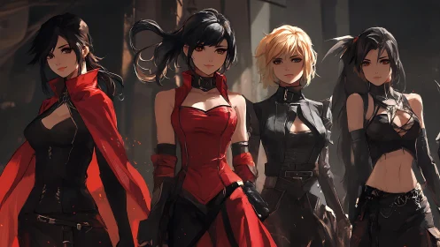 Four anime heroines in tactical red and black attire stand unified.