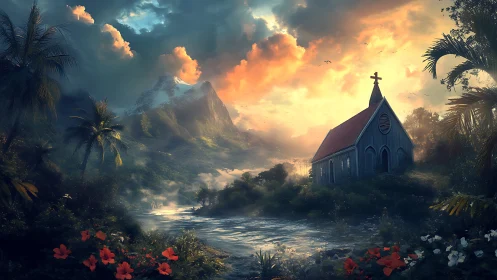 Small riverside chapel stands before misty tropical mountains