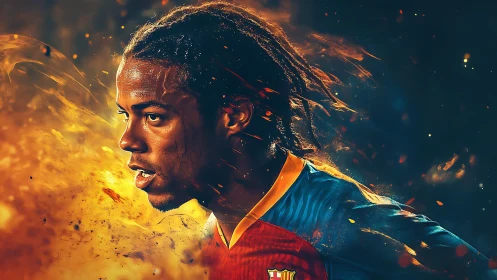 Digital portrait of football player amid fire effects.