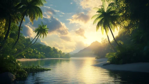 Tropical Lagoon Landscape with Golden Hour Atmospheric Rendering and Palm Tree Silhouettes