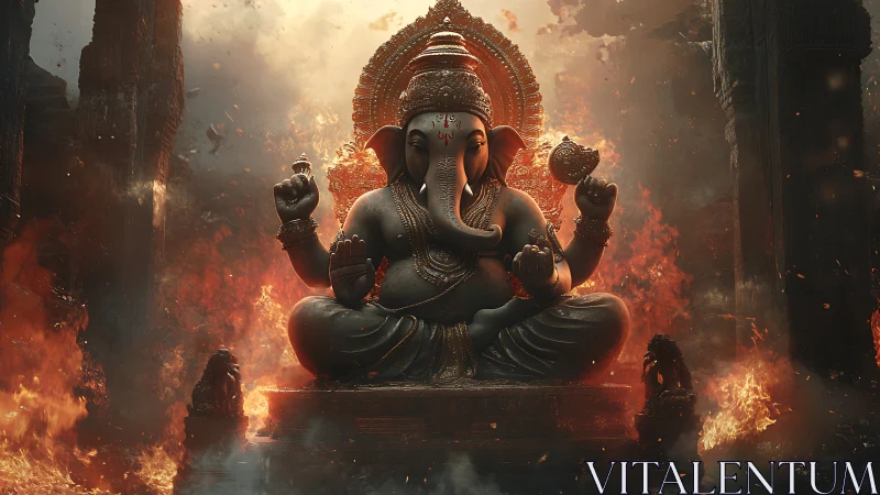 Monumental Ganesha sculpture illuminated by dynamic infernal backlighting