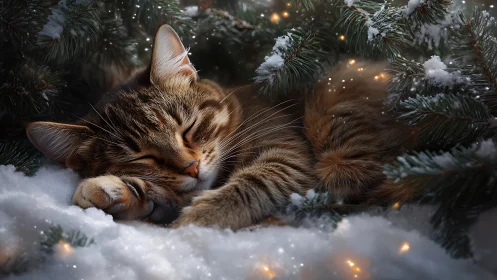 Tabby cat sleeping in snowy fir branches with soft bokeh lighting