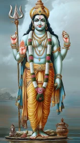 Devotional Hindu deity portrait in ornate frontal composition.