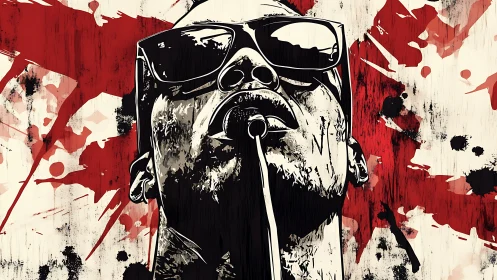 Stylized singer portrait with microphone and abstract splashes.