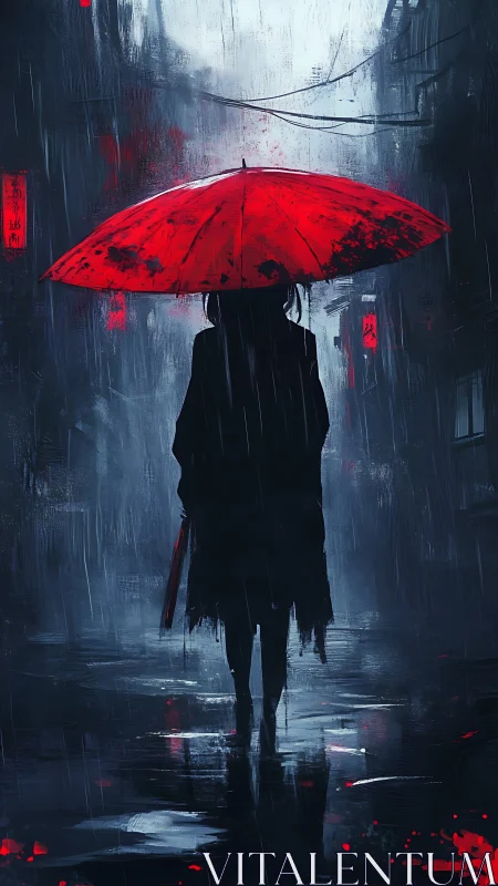 Silhouetted wanderer beneath crimson umbrella in neon rain.