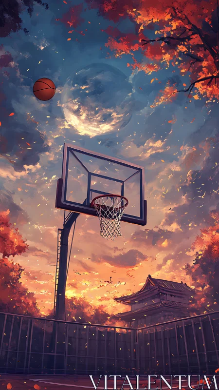 Twilight court dreams beneath swirling autumn skies.