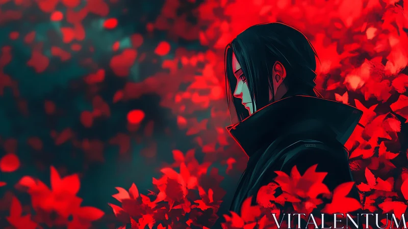 Silent wanderer among crimson drifting leaves at dusk.