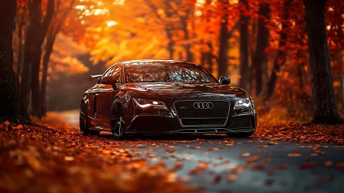 Sport coupe glows with polished power on a fiery autumn road