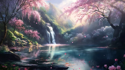 Layered cherry blossom valley with waterfall and refractive pool