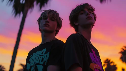 Two youths stand back to back against saturated sunset sky