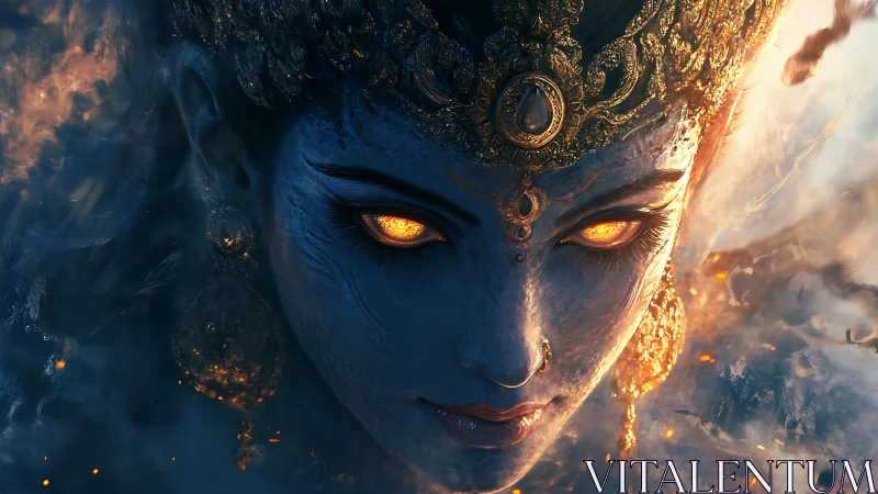 Divine blue visage in molten ember-lit digital painting portrait.