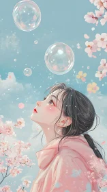 Skyward daydreamer beneath pastel bubbles and blossom clouds.