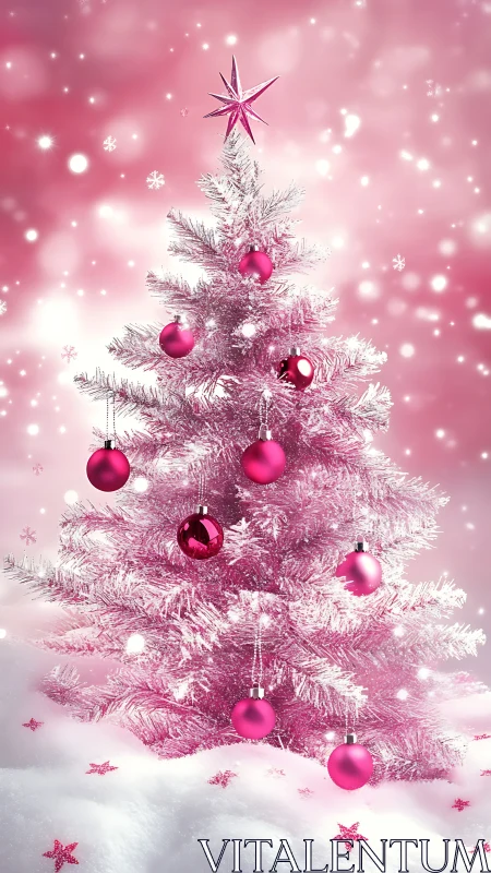 Pink Christmas tree sparkles amid snowy pastel bokeh glow.